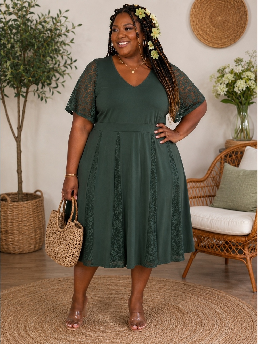 312 Unbranded 4XL 26" PTP Dress with Lace Sleeves and Panel Dark Green R0000312